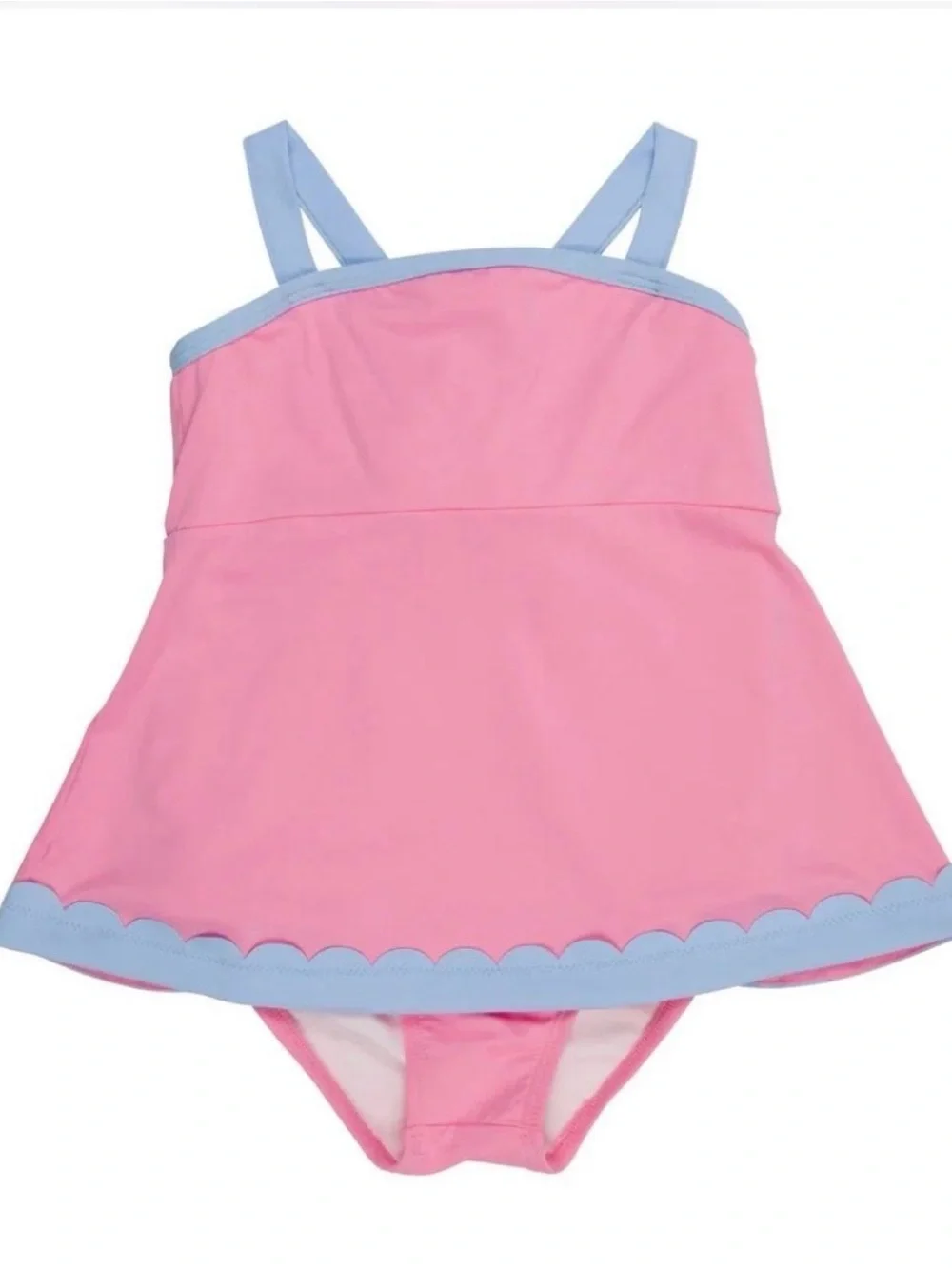 The Beaufort Bonnet Company Pink Swim Dress with Light Blue Trim and bow